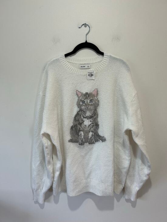 Hollister Sweaters - Hollister graphic cat sweater womens M white crewneck NWT coquette preppy